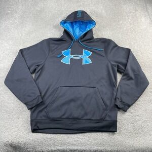 Under Armour Hoodie Mens Large Black Blue Logo Tech Fleece Pullover Sweatshirt